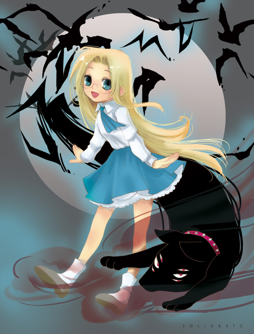 1girl aged_down artist_name ascot blonde_hair blue_ascot blue_eyes blue_skirt child collar dog extra_eyes glasses hellsing highres integra_hellsing long_hair miniskirt moon simple_bat skirt solo spiked_collar spikes toshimichi_yukari