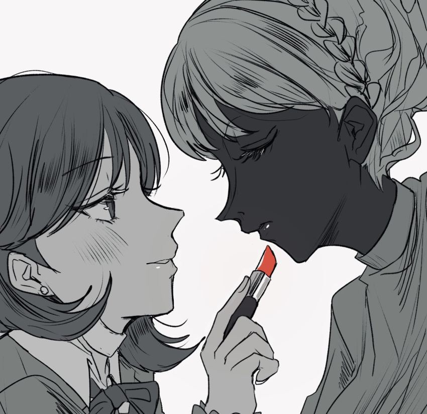 2girls blush bow bowtie braid cardigan choker close-up closed_eyes collared_shirt commentary_request cosmetics crown_braid earrings from_side greyscale hand_up highres holding holding_lipstick_tube io_(megami_tensei) jewelry lipstick_tube looking_at_another medium_hair monochrome multiple_girls parted_lips persona persona_3 persona_3_reload portrait profile shirt short_hair simple_background spot_color stud_earrings takeba_yukari upper_body yuyuy_00