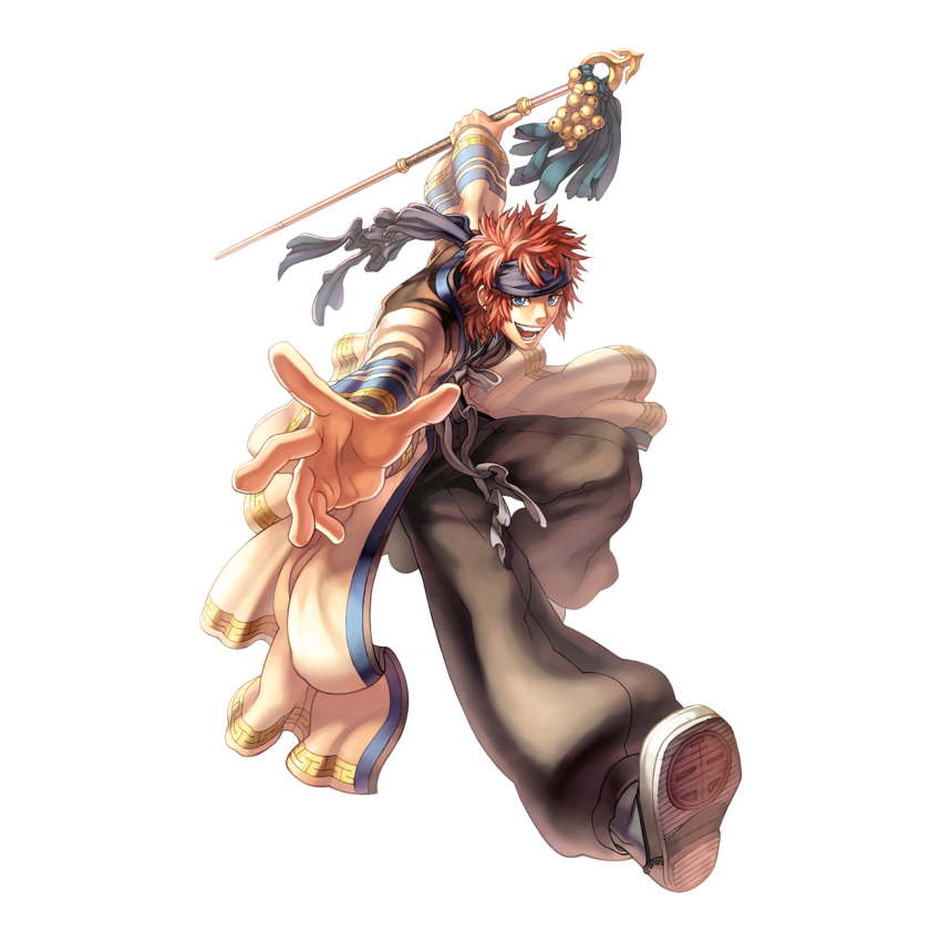 1boy 2000s_(style) black_headband blue_eyes brown_footwear brown_pants full_body hanbok headband highres holding holding_staff korean_clothes long_sleeves looking_at_viewer male_focus messy_hair myung-jin_lee official_art open_mouth orange_hair pants ragnarok_online reaching reaching_towards_viewer shakujou shirt shoe_soles short_hair simple_background smile solo soul_linker_(ragnarok_online) staff tachi-e transparent_background white_shirt wide_sleeves