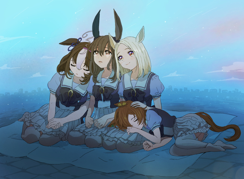 4girls admire_vega_(umamusume) ahoge animal_ears blanket blonde_hair bow bowtie breasts brown_hair closed_mouth hairband hand_on_another's_head highres horse_ears horse_girl horse_tail inaho_soji leaning_on_person long_hair looking_up medium_breasts meisho_doto_(umamusume) multiple_girls narita_top_road_(umamusume) no_shoes open_mouth orange_hair outdoors purple_shirt sailor_collar school_uniform shirt short_hair short_sleeves skirt sleeping small_breasts smile t.m._opera_o_(umamusume) tail tearing_up thighhighs tracen_school_uniform umamusume white_skirt white_thighhighs