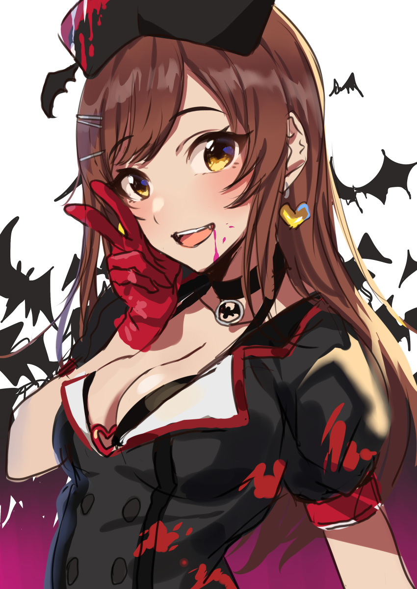 1girl absurdres bat_(animal) bat_necklace black_bra black_choker black_headwear black_shirt blood blood_from_mouth blush bra breasts brown_hair choker cleavage collarbone cup earrings gloves hair_ornament hairclip hand_up heart heart_earrings heart_o-ring highres idolmaster idolmaster_shiny_colors jewelry kurokin long_hair looking_at_viewer medium_breasts open_mouth osaki_amana pink_blood puffy_short_sleeves puffy_sleeves red_gloves shirt short_sleeves simple_background smile solo swept_bangs teeth two-tone_background underwear upper_body upper_teeth_only v white_background yellow_eyes