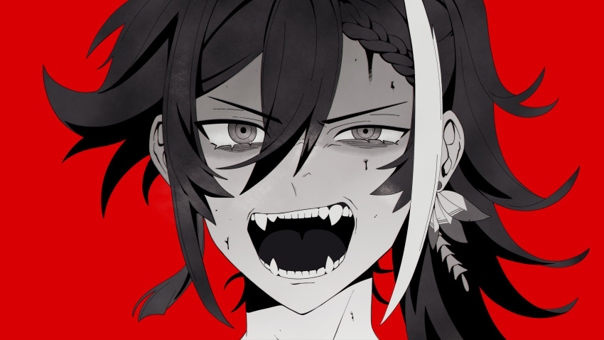 1boy absurdres angry banzoin_hakka blood blood_on_face braid close-up earrings english_commentary eyelashes facing_viewer fangs fangs_out feather_earrings feathers hair_between_eyes half-closed_eye highres hiropon_(owo_hiropon) holostars holostars_english jewelry long_hair looking_at_viewer male_focus multicolored_hair open_mouth ponytail portrait red_background ringed_eyes side_braid solo teeth two-tone_hair virtual_youtuber