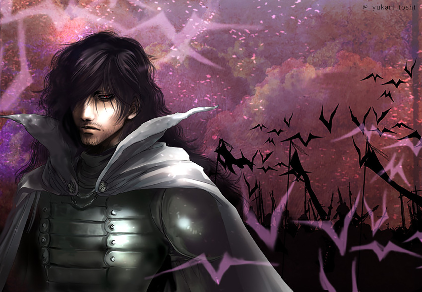 1boy alucard_(hellsing) armor cape facial_hair frown goatee hellsing highres male_focus medium_hair simple_bat solo toshimichi_yukari upper_body vladmir_tepes white_cape