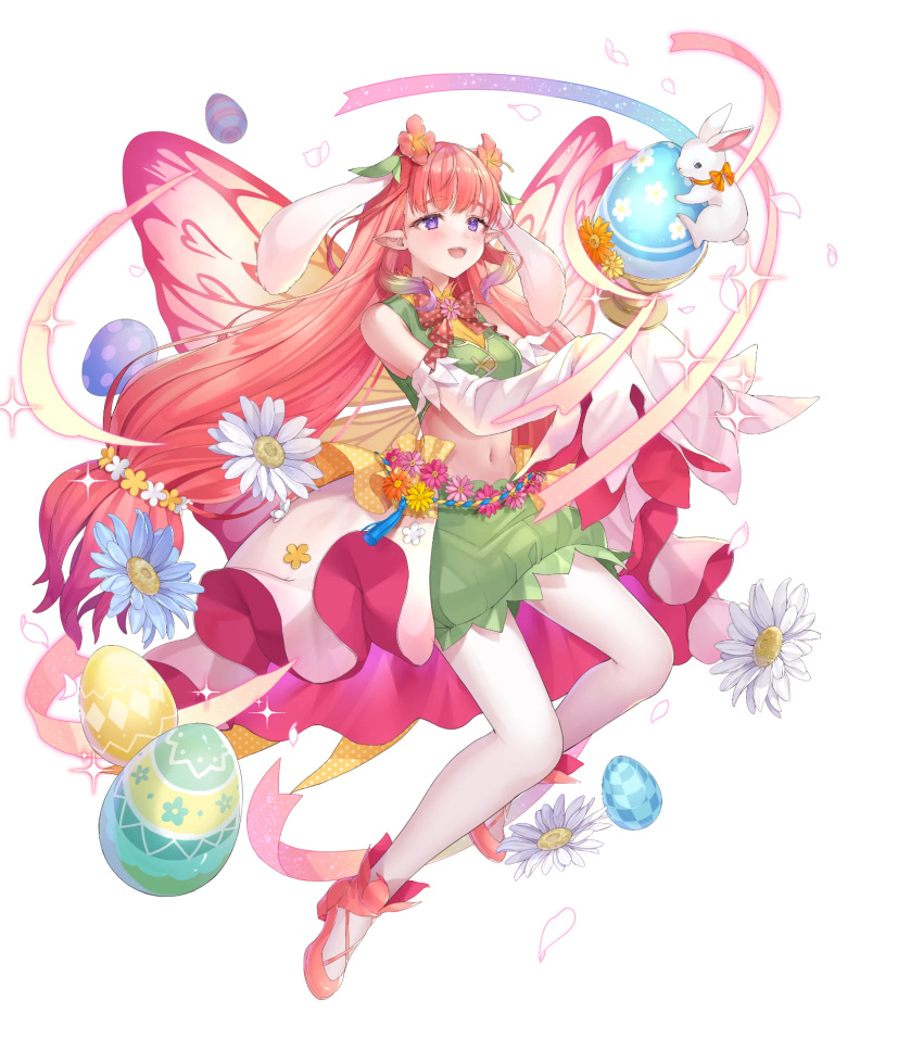 1girl animal_ears attack bare_shoulders crop_top egg fairy fairy_wings fake_animal_ears fire_emblem fire_emblem_heroes flower green_skirt hair_flower hair_ornament highres long_hair long_sleeves midriff mirabilis_(fire_emblem) mirabilis_(spring)_(fire_emblem) navel non-web_source official_alternate_costume official_art open_mouth pantyhose pink_footwear pink_hair pointy_ears rabbit rabbit_ears skirt sleeves_past_fingers sleeves_past_wrists smile solo very_long_sleeves white_pantyhose wings