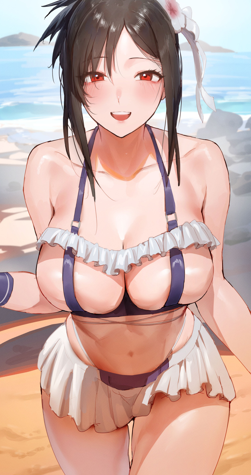 1girl absurdres bare_shoulders beach bikini black_hair blue_bikini blush breasts cleavage collarbone final_fantasy final_fantasy_vii final_fantasy_vii_remake flower frills hair_flower hair_ornament highres large_breasts long_hair looking_at_viewer navel open_mouth red_eyes revealing_clothes rororo shore sidelocks smile solo swimsuit thighs tifa_lockhart white_bikini