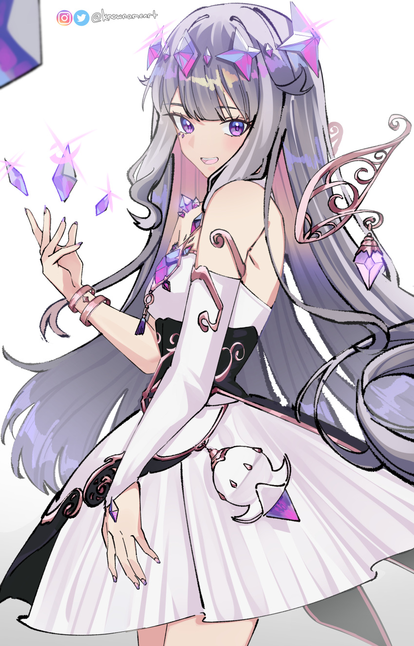 1girl absurdres bridal_gauntlets chest_jewel circlet colored_inner_hair dress face_jewel gem gem_hair_ornament grey_hair hand_jewel highres hololive hololive_english jewel_under_eye knownameart koseki_bijou long_hair looking_at_viewer metal_wings multicolored_hair open_mouth pink_hair purple_eyes purple_gemstone purple_hair simple_background single_arm_guard single_bridal_gauntlet smile solo twitter_username very_long_hair virtual_youtuber white_background white_bridal_gauntlets white_dress