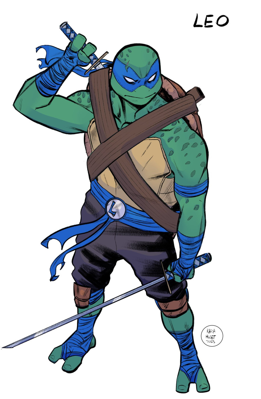 1boy blue_mask closed_eyes colored_skin commentary english_commentary english_text full_body green_skin highres holding holding_sword holding_weapon karahuset katana leonardo_(tmnt) male_focus mask ninja scales solo sword teenage_mutant_ninja_turtles turtle_boy turtle_shell weapon white_eyes