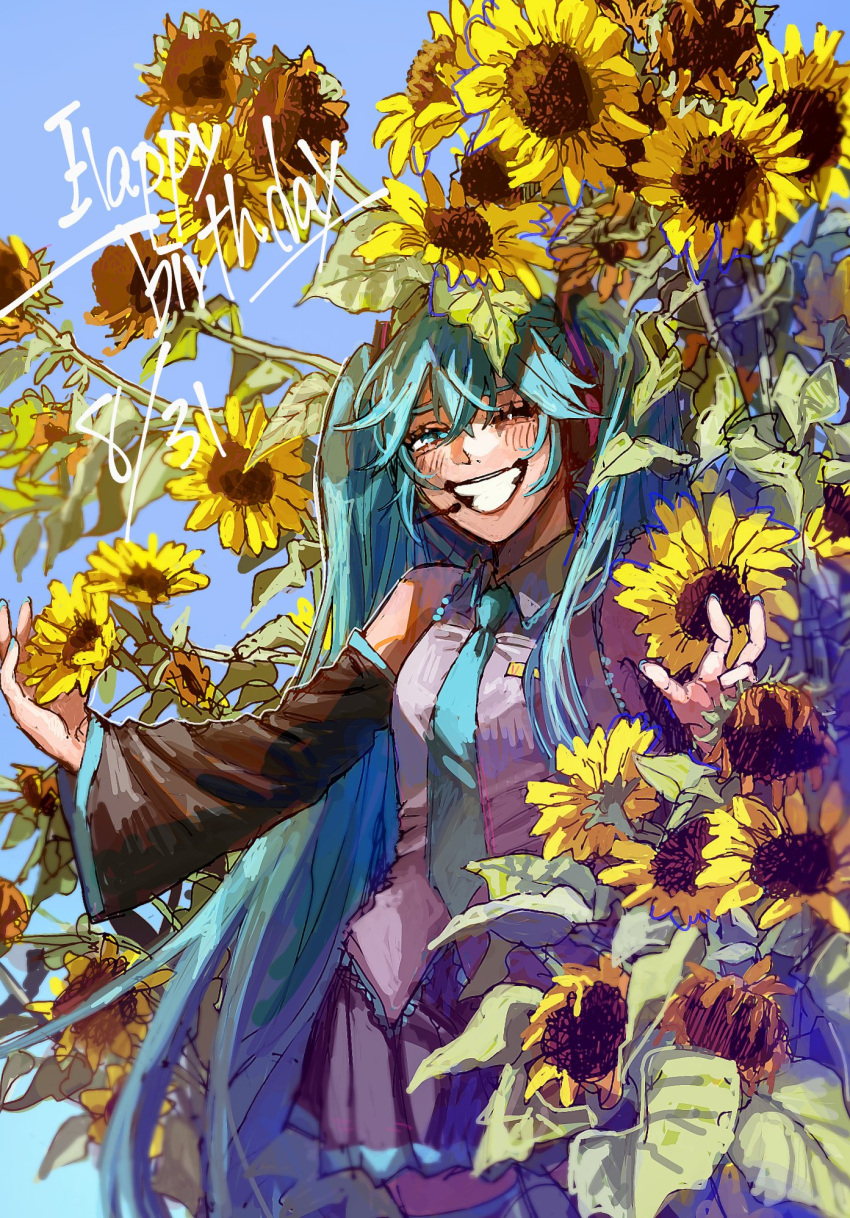 1girl black_skirt black_sleeves black_thighhighs blue_background blue_eyes blue_hair blue_necktie blush collared_shirt commentary_request cowboy_shot detached_sleeves flower grey_shirt grin hair_ornament half-closed_eye happy_birthday hatsune_miku headset highres long_hair long_sleeves looking_at_viewer necktie one_eye_closed outstretched_arms saba_ichimi shirt skirt sleeveless sleeveless_shirt smile solo spread_arms standing sunflower thighhighs twintails very_long_hair vocaloid