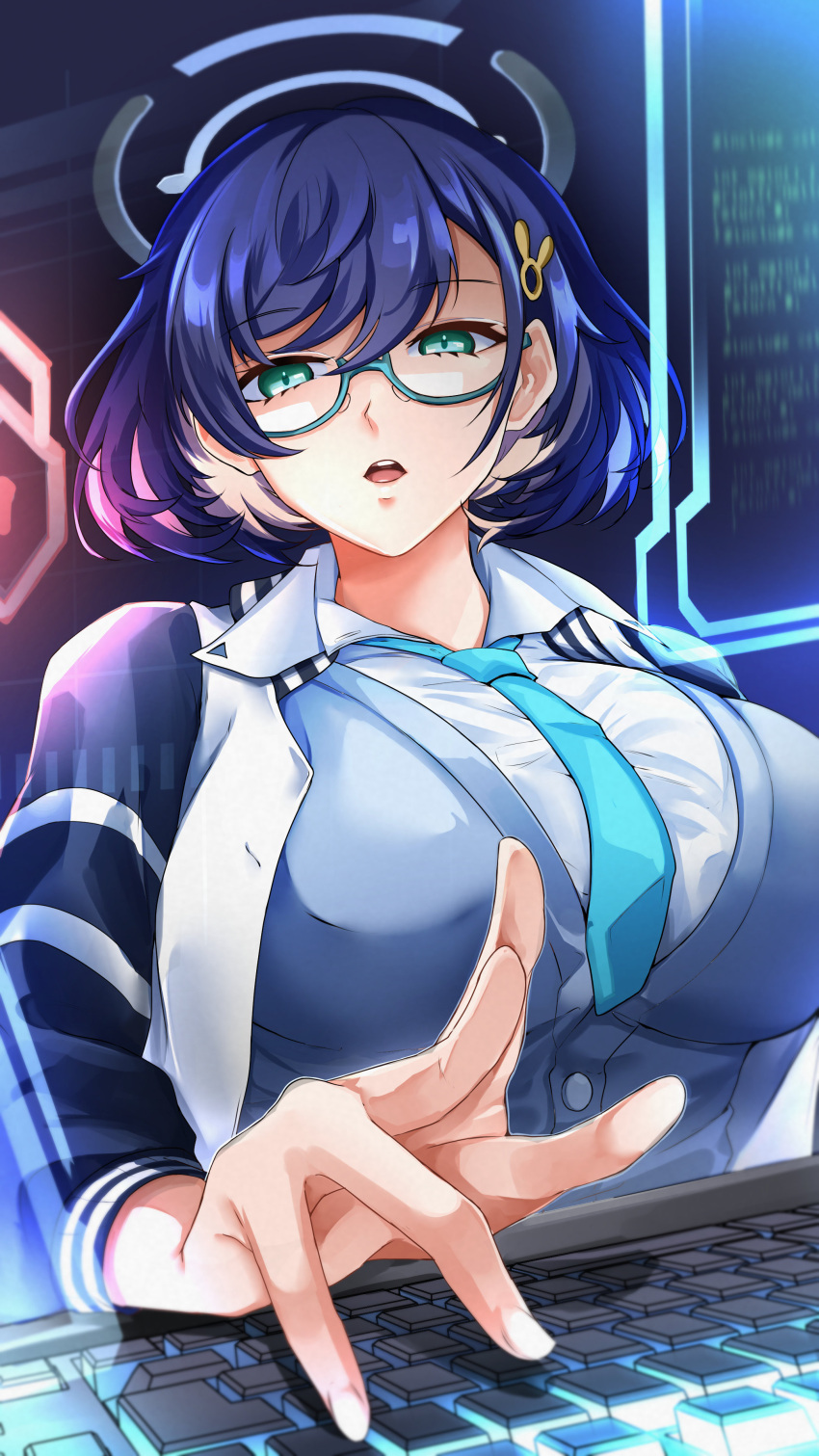 1girl absurdres aqua-framed_eyewear blue_archive blue_cardigan blue_hair blue_necktie breasts cardigan chihiro_(blue_archive) commentary_request glasses green_eyes hair_between_eyes hair_ornament halo highres jacket keyboard_(computer) large_breasts long_sleeves monitor multicolored_clothes multicolored_jacket necktie open_clothes open_jacket open_mouth rabbit_hair_ornament sa9x9 semi-rimless_eyewear shirt short_hair sidelocks sitting solo teeth two-tone_jacket typing under-rim_eyewear upper_body upper_teeth_only white_shirt