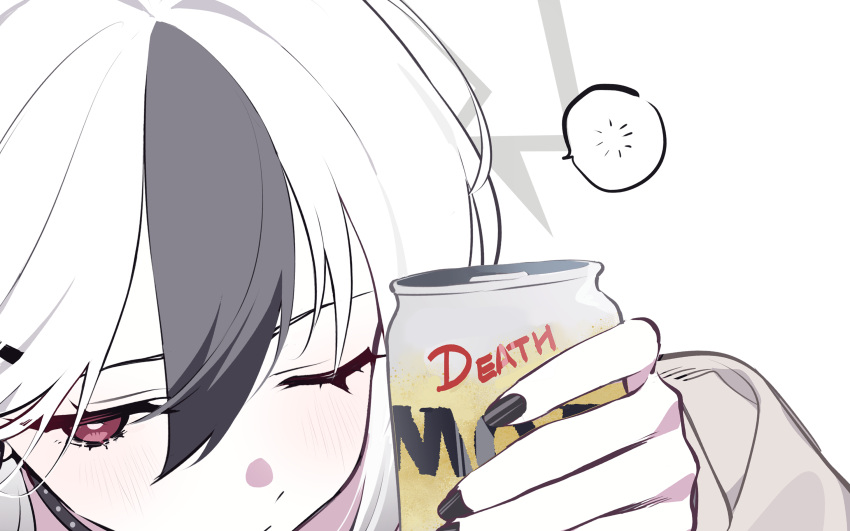 beer_can black_choker black_hair black_nails blanchat blue_archive bright_pupils can choker close-up drink_can halo highres kayoko_(blue_archive) looking_at_viewer multicolored_hair one_eye_closed red_eyes simple_background speech_bubble squeans two-tone_hair white_background white_hair