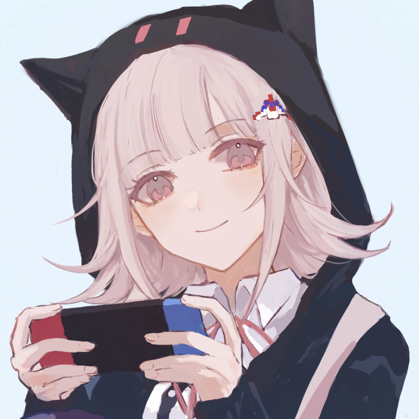 1girl animal_ears backpack bag black_jacket black_shirt blunt_bangs closed_mouth collared_shirt danganronpa_(series) danganronpa_2:_goodbye_despair dress_shirt fake_animal_ears flipped_hair fu_ga_(vivi912912) galaga grey_background handheld_game_console highres holding holding_handheld_game_console hood hood_up hooded_jacket jacket long_sleeves nanami_chiaki neck_ribbon pink_eyes pink_ribbon ribbon shirt simple_background smile solo white_shirt