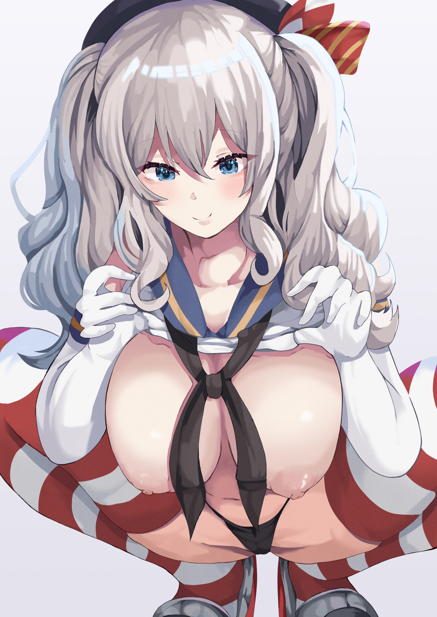 1girl absurdres black_hairband black_neckerchief black_panties blue_eyes blue_sailor_collar blue_skirt bonkareohagi breasts cleavage clothes_lift commentary_request cosplay crop_top elbow_gloves gloves grey_hair hairband highleg highleg_panties highres kantai_collection kashima_(kancolle) leaning_forward microskirt neckerchief nipples panties sailor_collar shimakaze_(kancolle) shimakaze_(kancolle)_(cosplay) shirt shirt_lift sidelocks simple_background skirt sleeveless sleeveless_shirt solo squatting striped_clothes striped_thighhighs thighhighs twintails underwear wavy_hair white_background white_gloves white_shirt