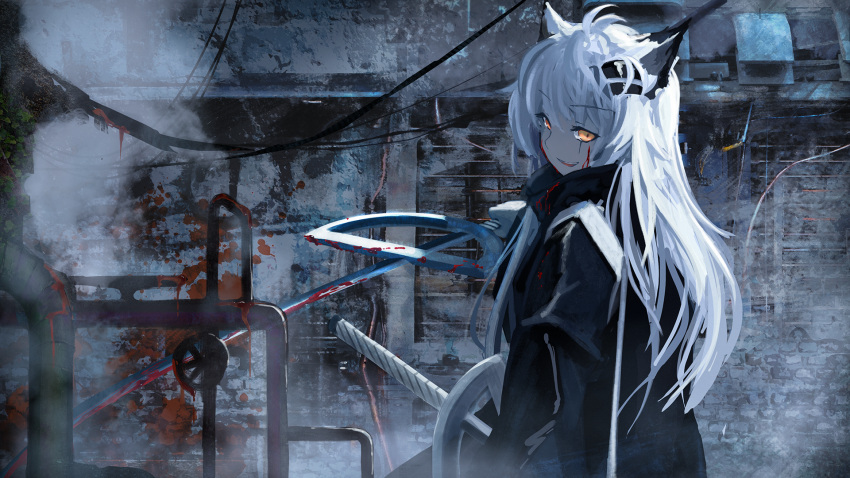 1girl animal_ears arknights black_coat blood blood_on_clothes blood_on_face blood_on_wall blood_on_weapon brick_wall coat collared_coat crank hair_ornament hairclip high_collar highres holding holding_sword holding_weapon indoors industrial_pipe lappland_(arknights) lead_pipe long_hair long_sleeves looking_at_viewer orange_eyes scar scar_across_eye science_fiction sentou_kouhei_kitsune smile smirk solo standing steam sword turning_head upper_body weapon white_hair wolf_ears wolf_girl