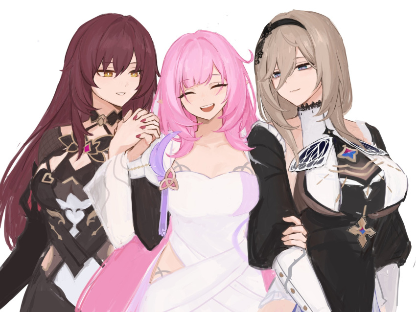 3girls aponia_(honkai_impact) black_dress blue_eyes breasts brown_hair closed_mouth detached_sleeves dress eden_(honkai_impact) elf elysia_(honkai_impact) english_commentary facing_viewer hair_between_eyes half-closed_eyes headband highres holding_hands honkai_(series) honkai_impact_3rd large_breasts long_hair long_sleeves multiple_girls nail_polish nun open_mouth pointy_ears puffy_sleeves purple_nails simple_background smile teeth upper_body upper_teeth_only weeiskaw white_background white_dress yellow_eyes