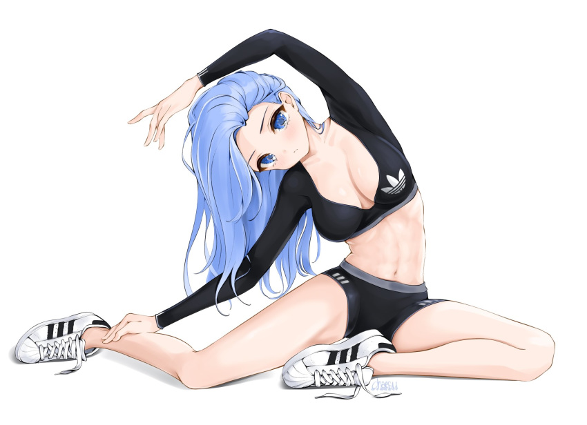 1girl adidas arm_up ballet bare_legs black_shirt black_shorts blue_eyes blue_hair breasts chaesu cleavage collarbone crop_top full_body highres long_hair long_sleeves looking_at_viewer medium_breasts midriff minah_(chaesu) navel no_socks original shirt shoes short_shorts shorts simple_background sitting sneakers solo stomach thighs untied_shoes white_background white_footwear