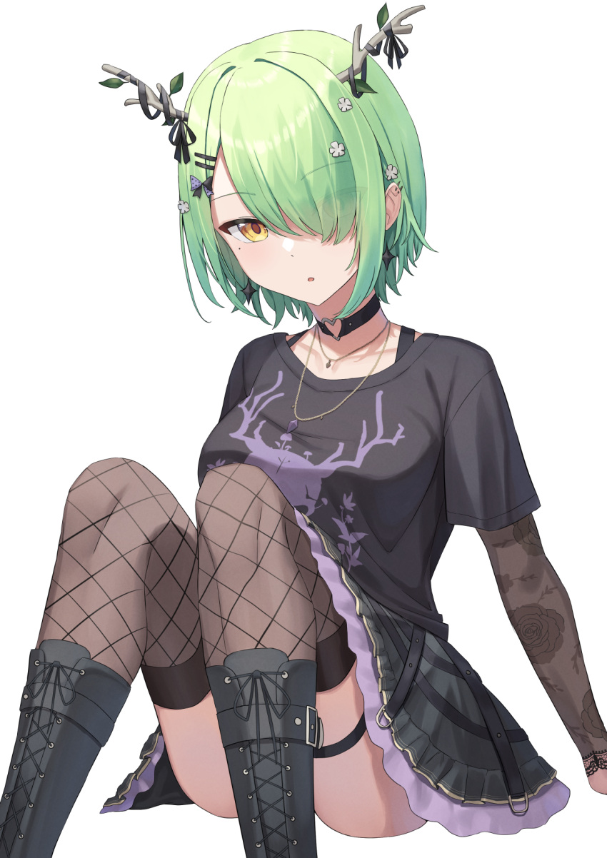1girl antlers black_choker black_footwear black_shirt black_sleeves boots breasts ceres_fauna ceres_fauna_(4th_costume) choker detached_sleeves fishnet_thighhighs fishnets floral_print_sleeves flower green_hair hair_flower hair_ornament hair_over_one_eye hairpin heart heart_choker highres hololive hololive_english horns jewelry large_breasts looking_at_viewer mole mole_under_eye necklace official_alternate_costume shirt short_hair solo thigh_strap thighhighs vakuuberi virtual_youtuber white_background yellow_eyes