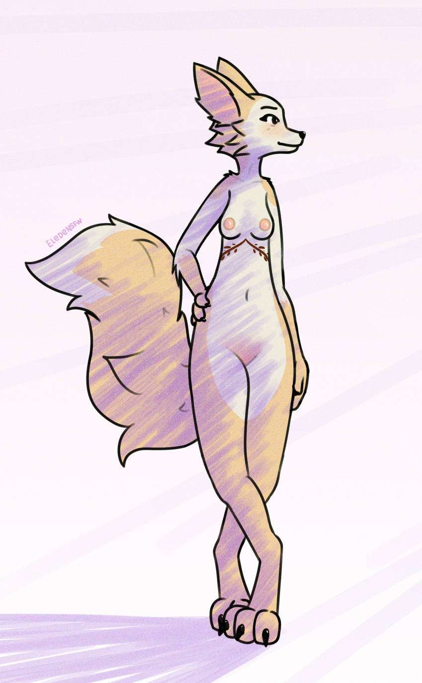 absurd_res anthro areola big_ears big_tail breasts canid canine cheek_tuft crossed_legs digital_media_(artwork) eledensfw facial_tuft fany_(foxdee) feet female fennec_fox fox fur gloves_(marking) hand_on_hip hi_res looking_sideways mammal markings nipples nude shaded simple_background simple_shading smile solo standing tail tail_markings tattoo toes true_fox tuft