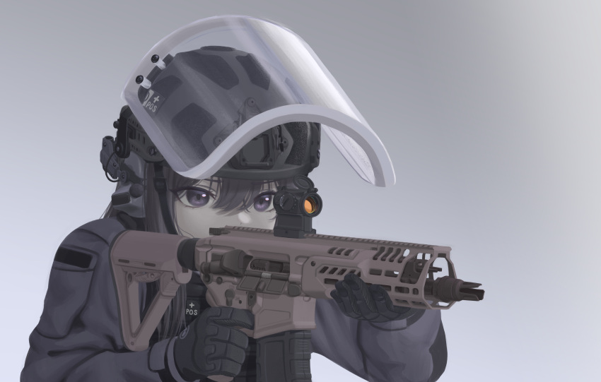 1girl absurdres aiming assault_rifle black_gloves black_hair combat_helmet ear_protection english_commentary finger_on_trigger gloves grey_background gun hair_between_eyes helmet highres holding holding_gun holding_weapon jimin6468 korean_commentary long_hair mixed-language_commentary original purple_eyes red_dot_sight rifle scope sig_mcx sig_sauer simple_background solo upper_body visor_(armor) weapon