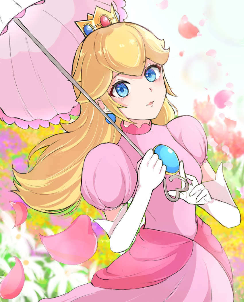 1girl ayaka_00709 blonde_hair blue_eyes crown dress earrings elbow_gloves gloves highres jewelry long_hair looking_at_viewer mario_(series) pendant pink_dress princess_peach solo sphere_earrings super_crown white_gloves