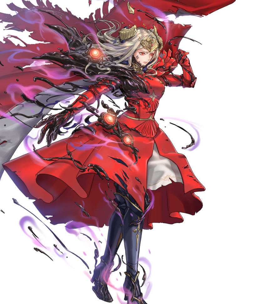 1girl armor aura cape corruption crest crown damaged dark_aura dress edelgard_von_hresvelg_(hegemon_husk) fake_horns fire_emblem fire_emblem:_three_houses fire_emblem_heroes gauntlets greaves highres horns non-web_source red_cape red_dress red_eyes solo torn_cape torn_clothes torn_dress white_hair