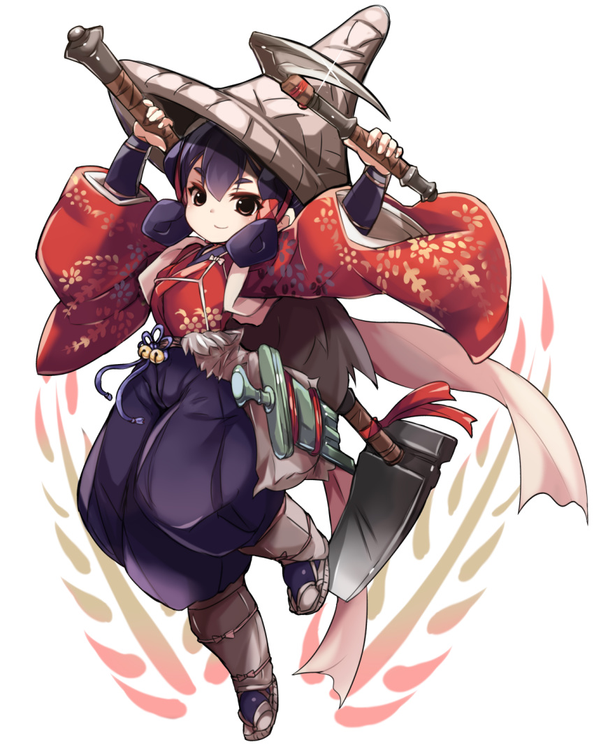 1girl brown_eyes closed_mouth full_body hat highres holding holding_weapon japanese_clothes karukan_(monjya) looking_at_viewer purple_hair sakuna-hime short_hair silver_hair smile solo tensui_no_sakuna-hime weapon white_background white_headwear wide_sleeves