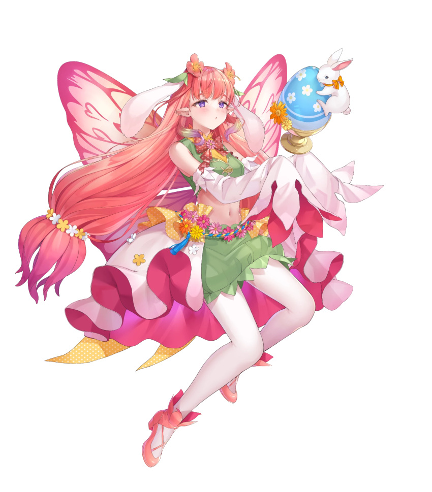 1girl animal_ears attack bare_shoulders crop_top egg fairy fairy_wings fake_animal_ears fire_emblem fire_emblem_heroes flower green_skirt hair_flower hair_ornament highres long_hair long_sleeves midriff mirabilis_(fire_emblem) mirabilis_(spring)_(fire_emblem) navel non-web_source official_alternate_costume official_art pantyhose pink_footwear pink_hair pointy_ears rabbit rabbit_ears skirt sleeves_past_fingers sleeves_past_wrists solo very_long_sleeves white_pantyhose wings