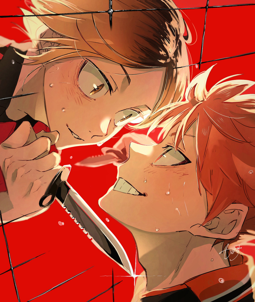 2boys absurdres black_hair blade_to_throat blonde_hair blush brown_eyes clenched_teeth colored_tips commentary_request crazy_eyes crazy_smile face-to-face grin haikyuu!! highres hinata_shouyou holding holding_knife knife kozume_kenma looking_at_another male_focus messy_hair multicolored_hair multiple_boys orange_hair parted_lips red_background rukorukodonn short_hair smile sweat teeth two-tone_hair volleyball_net wide-eyed yellow_eyes
