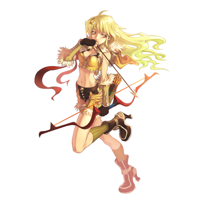 1girl 2000s_(style) ahoge armband arrow_(projectile) blonde_hair boots bow_(weapon) breasts brown_footwear brown_gloves brown_hair brown_shirt brown_shorts closed_mouth crescent crescent_hair_ornament crop_top expressionless fingerless_gloves full_body fur-trimmed_gloves fur-trimmed_shirt fur-trimmed_shorts fur_trim gloves hair_ornament high_heel_boots high_heels highres holding holding_bow_(weapon) holding_weapon long_hair looking_to_the_side medium_bangs medium_breasts midriff myung-jin_lee navel official_art quiver ragnarok_online running shirt short_shorts shorts simple_background sleeveless sleeveless_shirt sniper_(ragnarok_online) solo tachi-e transparent_background two-tone_gloves two-tone_shirt two-tone_shorts weapon yellow_gloves yellow_shirt yellow_shorts