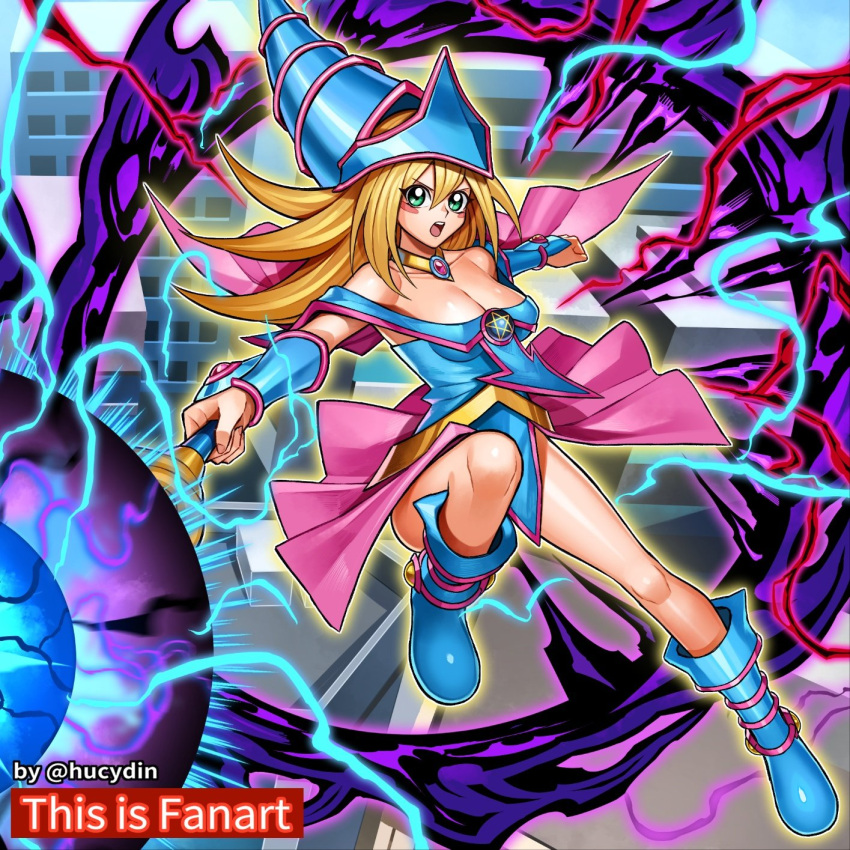 1girl attack aura bare_shoulders blonde_hair blue_dress blue_footwear blush_stickers breasts copyright_name dark_magician_girl dress electricity energy green_eyes hat highres holding holding_staff hucydin large_breasts legs long_hair looking_at_viewer outstretched_arm pink_skirt skirt solo staff witch witch_hat yu-gi-oh!