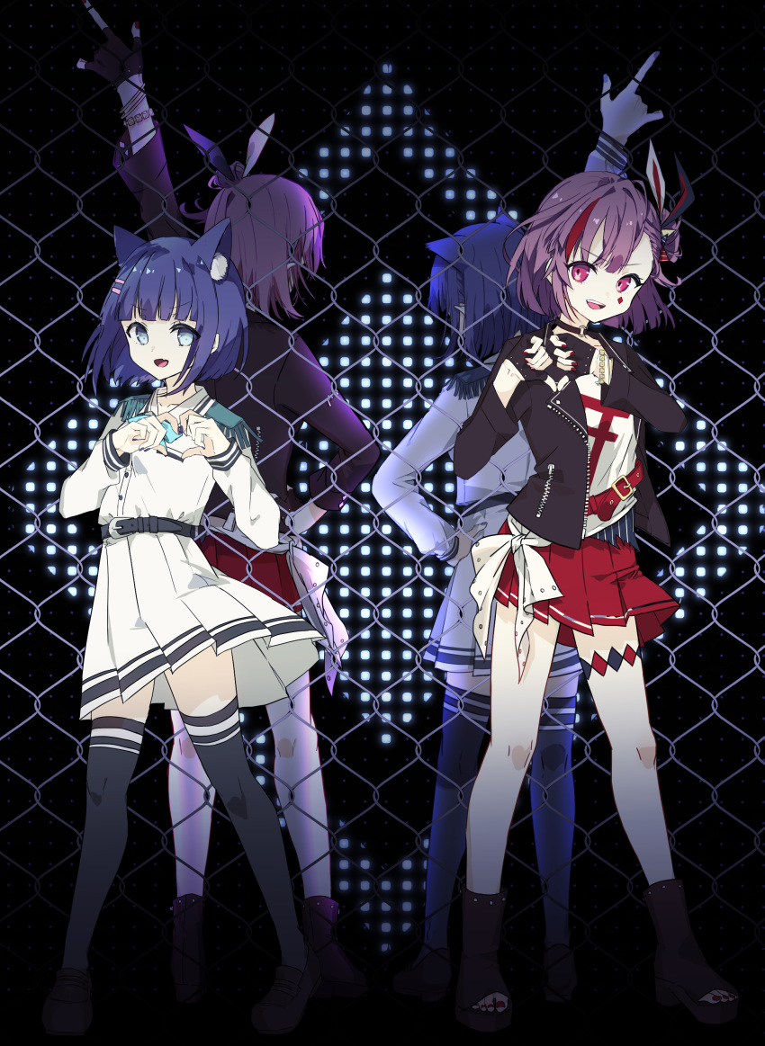 4girls absurdres animal_ear_fluff animal_ears arm_up back-to-back bangs belt black_jacket blue_bow blue_eyes blue_hair blue_nails blue_neckwear bow bracelet bunny_ears chain-link_fence chibirisu choker collared_shirt diamond_(shape) epaulettes eyebrows_visible_through_hair fake_animal_ears fence fingerless_gloves from_behind full_body gloves hair_ornament hairclip hand_on_hip height_difference highres jacket jewelry long_sleeves multicolored_hair multiple_girls nail_polish one_side_up open_clothes open_jacket open_mouth open_toe_shoes own_hands_together pleated_skirt pointing pointing_up purple_hair red_eyes red_hair red_nails red_skirt rukiroki sasugano_ruki shirt short_hair skirt smile streaked_hair tenjin_kotone tenjin_kotone_(channel) thighhighs tied_shirt virtual_youtuber white_shirt white_skirt zettai_ryouiki