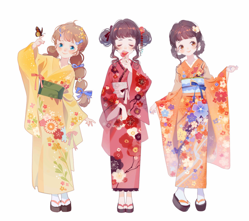 3girls arm_at_side blonde_hair blue_eyes brown_eyes brown_hair bug butterfly butterfly_on_hand closed_eyes double_bun flower flower_over_mouth full_body hair_bun hair_flower hair_ornament hair_rings hand_up hidari_(nanmu-left) holding holding_flower japanese_clothes kimono long_sleeves looking_to_the_side monarch_butterfly multiple_girls nail_polish no_socks orange_kimono original red_flower red_kimono sidelocks simple_background socks standing straight-on white_background white_socks yellow_kimono