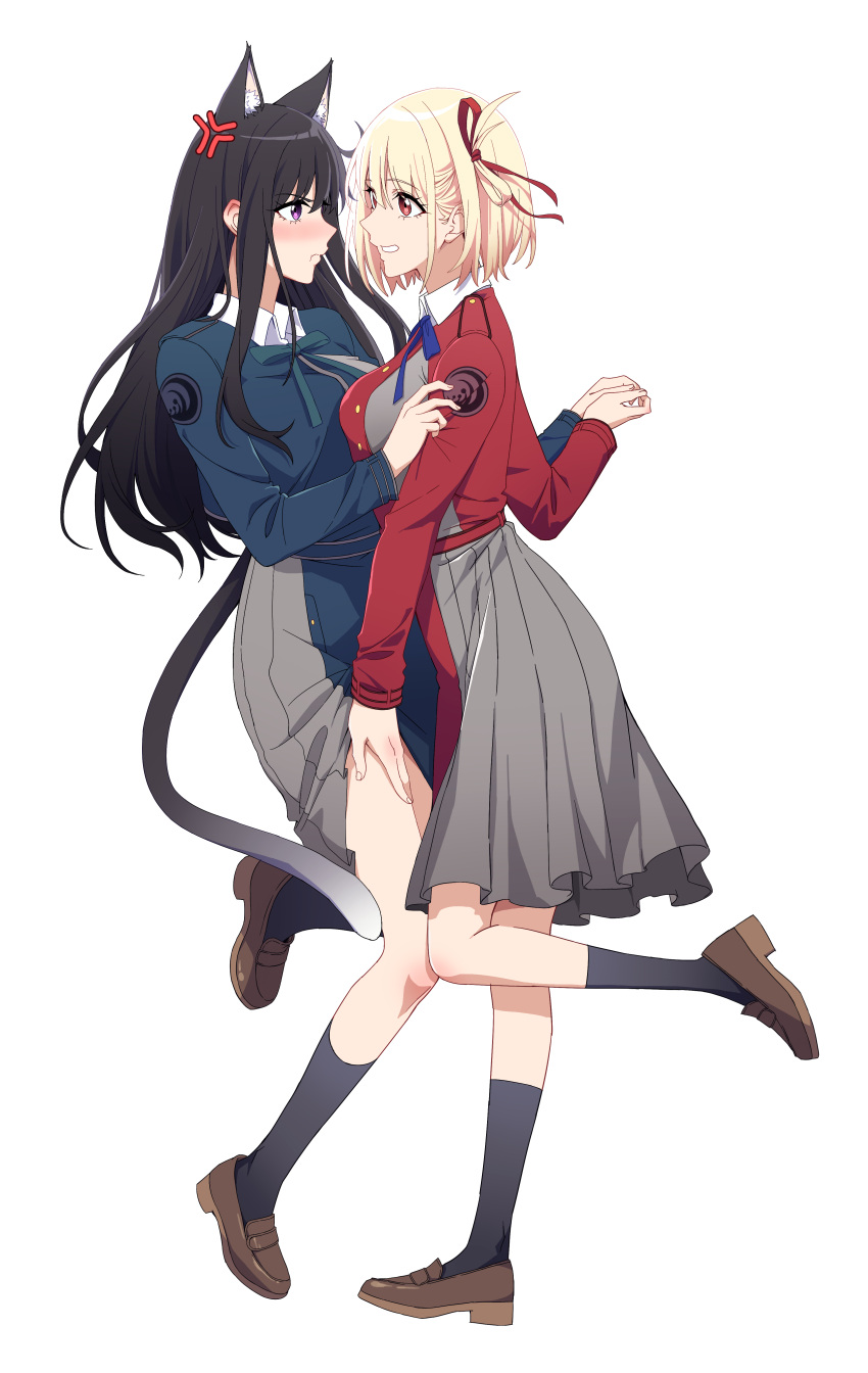 2girls absurdres anger_vein animal_ear_fluff animal_ears black_hair black_socks blonde_hair blue_dress blush bob_cut brown_footwear cat_ears cat_girl cat_tail chinese_commentary closed_mouth commentary_request dress eye_contact grey_dress hair_ribbon hand_on_another's_thigh highres holding_hands inoue_takina jovei kemonomimi_mode kneehighs loafers long_hair long_sleeves looking_at_another lycoris_recoil lycoris_uniform multiple_girls nishikigi_chisato one_side_up pleated_dress pout purple_eyes red_dress red_eyes red_ribbon ribbon shoes short_hair sidelocks simple_background smile socks standing standing_on_one_leg tail two-tone_dress white_background yuri