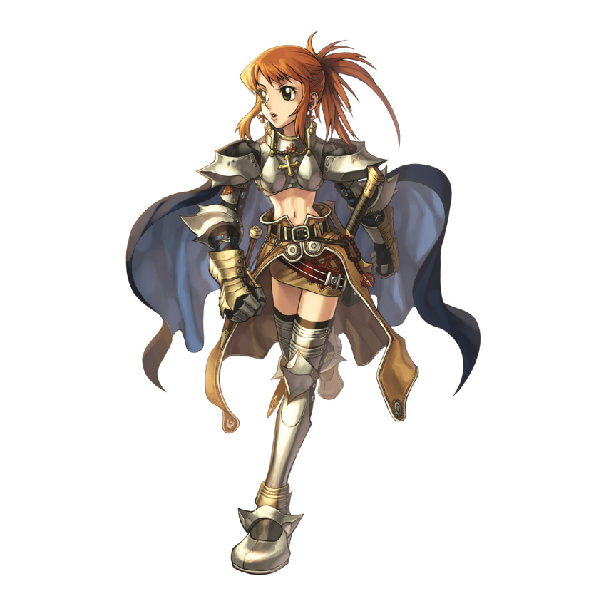 1girl 2000s_(style) armor armored_boots belt black_belt black_thighhighs blue_cape boobplate boots brown_cape brown_hair brown_skirt cape commentary_request cross cross_of_prontera full_body gauntlets green_eyes high_ponytail highres long_hair looking_afar medium_bangs midriff myung-jin_lee navel official_art open_mouth paladin_(ragnarok_online) pauldrons ragnarok_online running scabbard sheath shoulder_armor sidelocks simple_background skirt solo tachi-e thighhighs transparent_background waist_cape