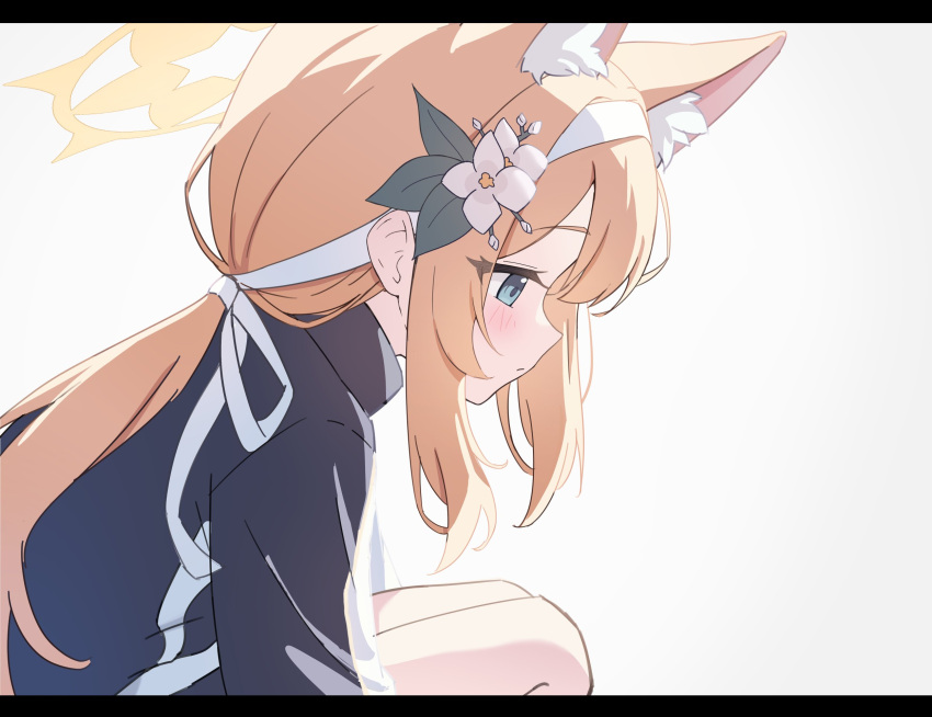 1girl animal_ear_fluff animal_ears blonde_hair blue_archive blue_eyes blush cat_ears closed_mouth extra_ears flower hair_flower hair_ornament hair_ribbon halo highres jacket letterboxed long_hair looking_down low_ponytail mari_(blue_archive) mari_(track)_(blue_archive) nonddu parted_bangs ribbon sidelocks solo squatting track_jacket white_background white_ribbon yellow_halo