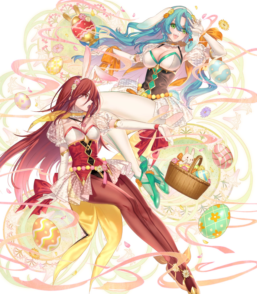 2girls animal_ears animal_hat aqua_footwear aqua_hair artist_request basket braid breasts chloe_(fire_emblem) cleavage detached_sleeves egg fake_animal_ears fire_emblem fire_emblem_awakening fire_emblem_engage fire_emblem_heroes gloves green_eyes hat high_heels highres leotard long_hair long_sleeves medium_breasts multiple_girls non-web_source official_art open_mouth pantyhose playboy_bunny puffy_short_sleeves puffy_sleeves rabbit_ears rabbit_hat red_eyes red_hair red_pantyhose severa_(fire_emblem) short_sleeves simple_background single_braid small_breasts smile teeth upper_teeth_only very_long_hair white_background white_gloves white_pantyhose yellow_footwear