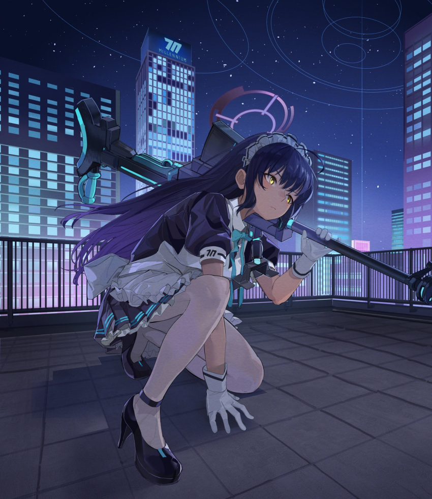 1girl apron black_dress black_footwear black_hair blue_archive building city commission dress gloves gradient_hair gun halo highres holding holding_gun holding_weapon karin_(blue_archive) long_hair maid maid_headdress multicolored_hair night on_one_knee outdoors panties purple_hair rifle rooftop shoes short_sleeves skeb_commission sniper_rifle solo umiwashi underwear weapon white_apron white_gloves white_panties yellow_eyes