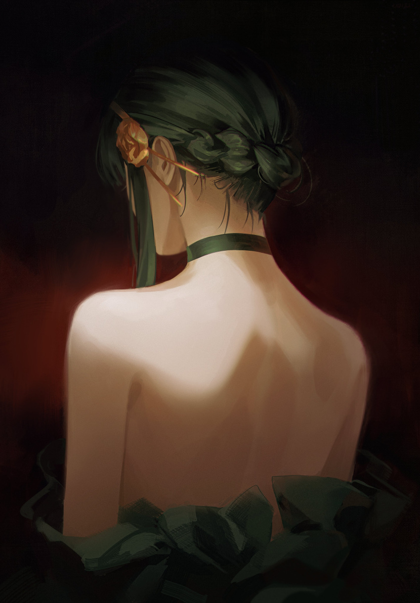 1girl absurdres back bare_shoulders black_choker black_hair braid choker commentary facing_away from_behind highres nape sidelocks solo spy_x_family tagme uqi32 yor_briar