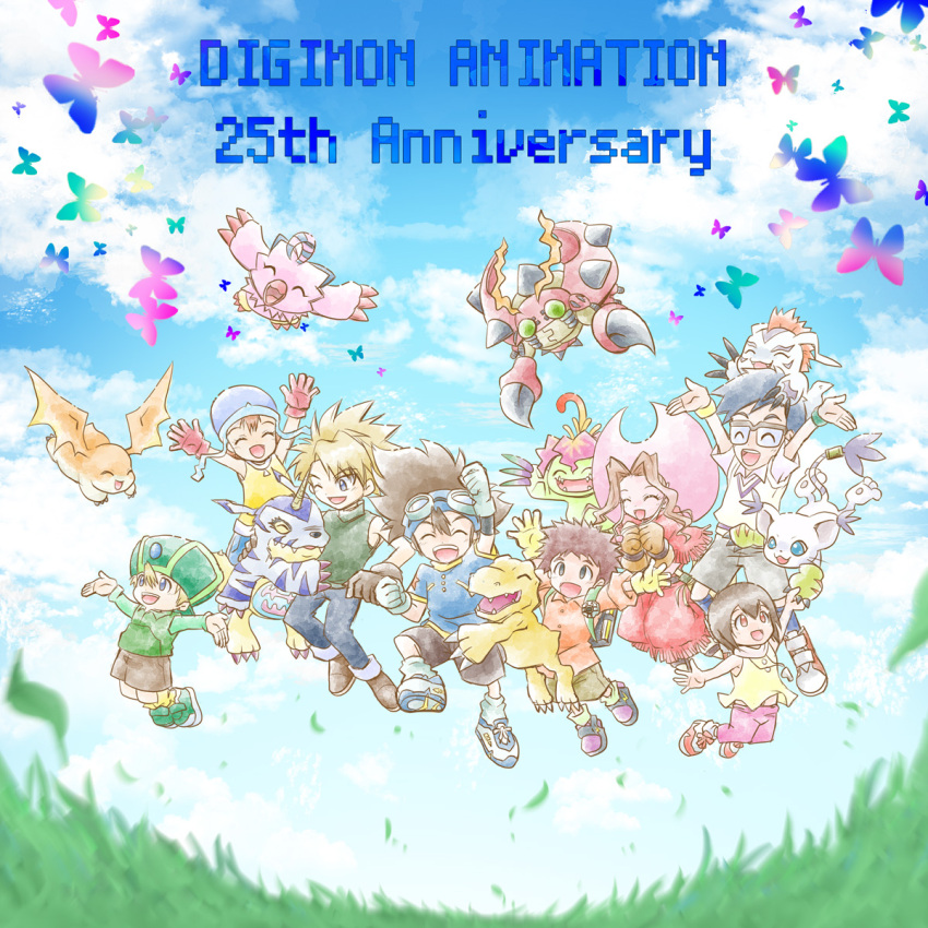 3girls 5boys agumon anniversary bird blonde_hair blue_hair brown_hair bug butterfly cat closed_eyes digimon digimon_adventure fuzuki_imeri gabumon gomamon grass head_wings highres horns ishida_yamato izumi_koshiro kido_jo long_hair midair multiple_boys multiple_girls one_eye_closed palmon patamon piyomon plant reptile short_hair single_horn spiked_hair tachikawa_mimi tail tailmon takaishi_takeru takenouchi_sora tentomon wings yagami_hikari yagami_taichi