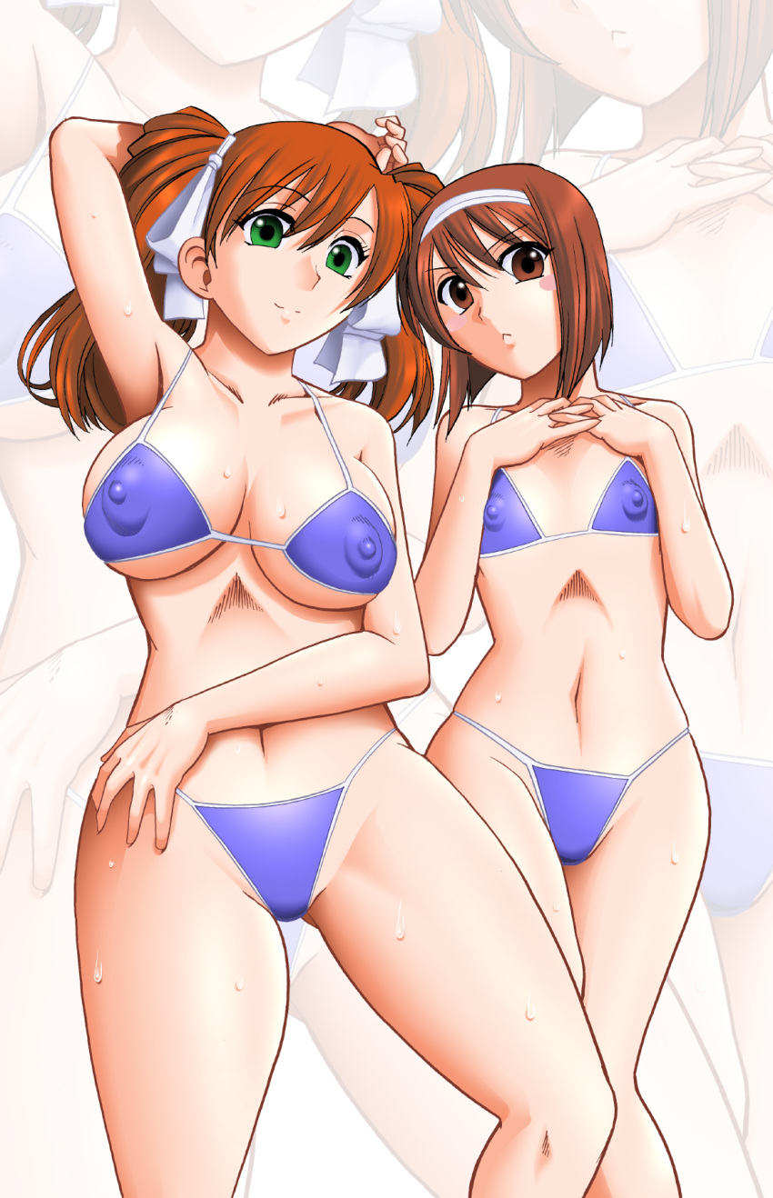 2girls arm_up asahina_yurina bikini blue_bikini blush blush_stickers bow breasts brown_eyes brown_hair covered_nipples green_eyes hair_ribbon hairband hand_on_own_head hand_on_own_thigh hands_on_own_neck highres kayama_tamami large_breasts long_hair looking_at_viewer mirror_image mokkouyou_bond multiple_girls navel nipples orange_hair red_hair ribbon short_hair small_breasts smile super_real_mahjong sweat swimsuit twintails white_hairband