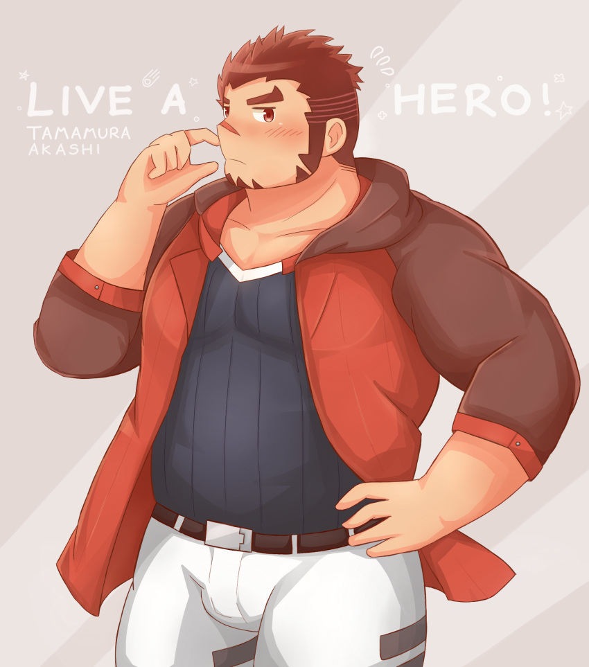 1boy akashi_(live_a_hero) bara blush bulge cowboy_shot facial_hair finger_to_cheek flying_sweatdrops goatee highres jacket large_pectorals live_a_hero long_sideburns looking_at_viewer male_focus muscular muscular_male official_alternate_costume pants pectorals red_eyes red_hair rubbing_nose scar scar_on_face scar_on_nose short_hair shy sideburns solo standing thick_eyebrows watanukitail