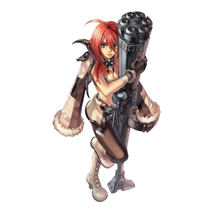 1girl 2000s_(style) ahoge black_gloves boots breasts brown_jacket brown_pants brown_tank_top cleavage crop_top cross-laced_footwear full_body fur-trimmed_sleeves fur_trim gatling_gun gloves green_eyes gun gunslinger_(ragnarok_online) hair_between_eyes highres holding holding_gun holding_weapon jacket jacket_on_shoulders long_bangs long_hair looking_at_viewer medium_breasts minigun myung-jin_lee navel official_art pants parted_lips ragnarok_online red_hair simple_background smile solo standing standing_on_one_leg tachi-e tank_top transparent_background weapon white_footwear