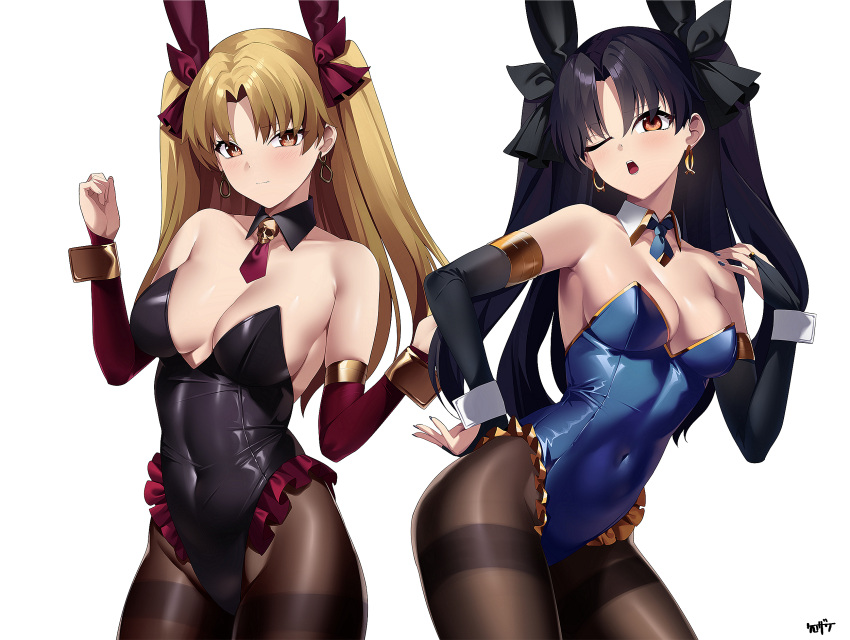 2girls ;o alternate_costume animal_ears armlet armpits black_hair black_leotard black_nails black_ribbon blonde_hair blue_leotard blue_necktie blush breasts bridal_gauntlets bright_pupils brown_eyes brown_pantyhose cleavage clenched_hand closed_mouth collarbone contrapposto covered_navel cowboy_shot detached_collar detached_sleeves earrings ereshkigal_(fate) fake_animal_ears fate/grand_order fate_(series) fingernails frilled_leotard frills gold_trim hair_ribbon hand_on_own_hip hands_up head_tilt highleg highleg_leotard highres hoop_earrings ishtar_(fate) jewelry kurozawa_yui leaning_forward leotard long_fingernails long_hair looking_at_viewer medium_breasts multiple_girls nail_polish necktie one_eye_closed open_mouth orange_eyes pantyhose parted_bangs playboy_bunny rabbit_ears red_necktie red_ribbon ribbon shiny_clothes short_necktie siblings sideboob signature simple_background sisters skull skull_ornament slit_pupils standing straight_hair strapless strapless_leotard taut_clothes teeth thighband_pantyhose thighs two_side_up upper_teeth_only white_background white_pupils wrist_cuffs