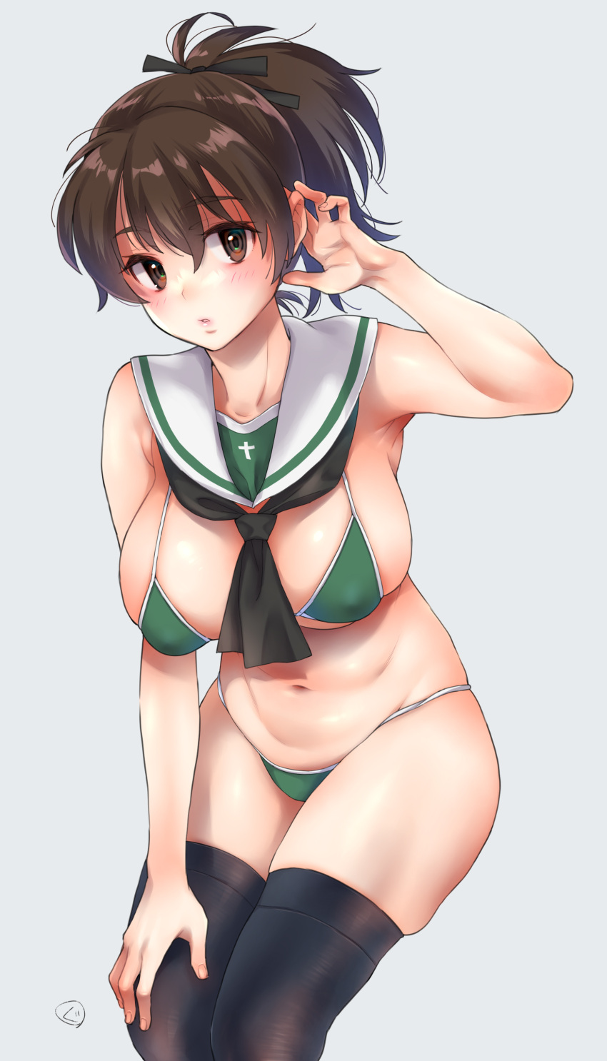 1girl absurdres bikini black_neckerchief black_thighhighs blush breasts brown_eyes brown_hair girls_und_panzer green_bikini highres karube_guri koyama_yuzu large_breasts looking_at_viewer navel neckerchief parted_lips plump ponytail sailor_collar solo swimsuit thighhighs