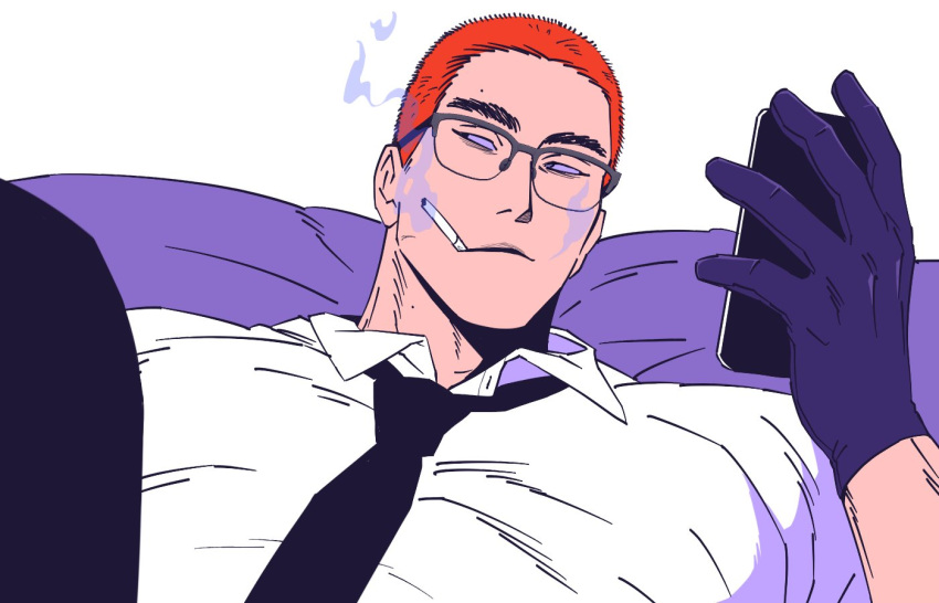 1boy balnom bara between_pectorals buzz_cut formal glasses gloves hand_up male_focus mature_male necktie necktie_between_pectorals original pectorals red_hair salaryman short_hair sideways_glance smoking solo thick_eyebrows upper_body very_short_hair