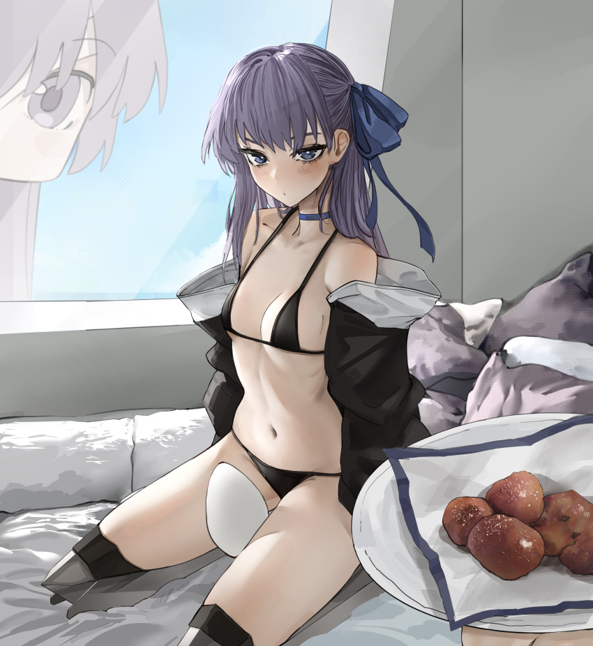 2girls absurdres bare_shoulders bikini black_bikini black_jacket blue_eyes blue_ribbon blush breasts choker collarbone egg fate/grand_order fate_(series) food giant giantess highres jacket kingprotea_(fate) long_hair long_sleeves looking_at_viewer meltryllis_(fate) meltryllis_(swimsuit_lancer)_(first_ascension)_(fate) multiple_girls obazzotto off_shoulder on_bed plate prosthesis prosthetic_leg purple_eyes ribbon seiza sitting sleeves_past_fingers sleeves_past_wrists small_breasts solo solo_focus swimsuit window
