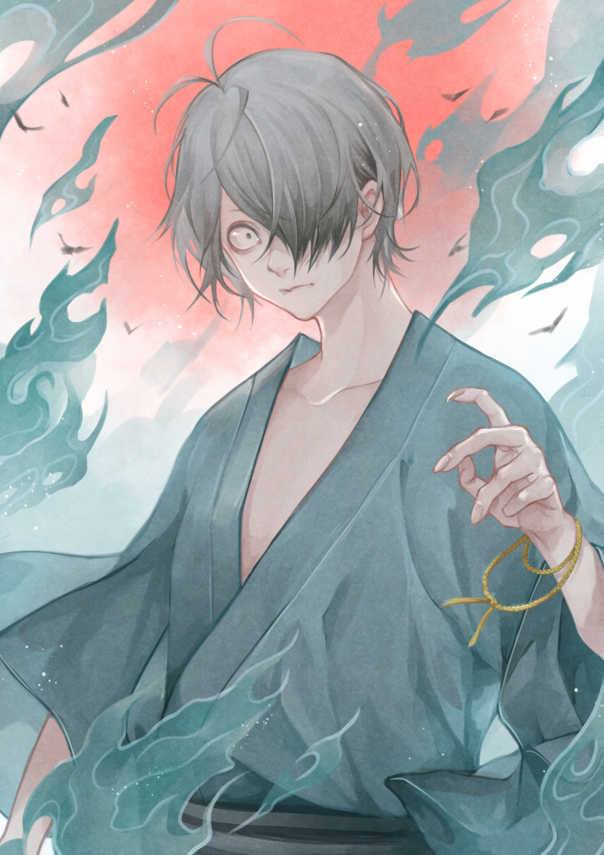 1boy antenna_hair bracelet fire gegege_no_kitarou grey_hair grey_kimono hair_over_one_eye highres japanese_clothes jewelry kimono kitarou_tanjou:_gegege_no_nazo looking_at_viewer male_focus medama_oyaji_(human) nejimaki_oz red_background sanpaku solo upper_body