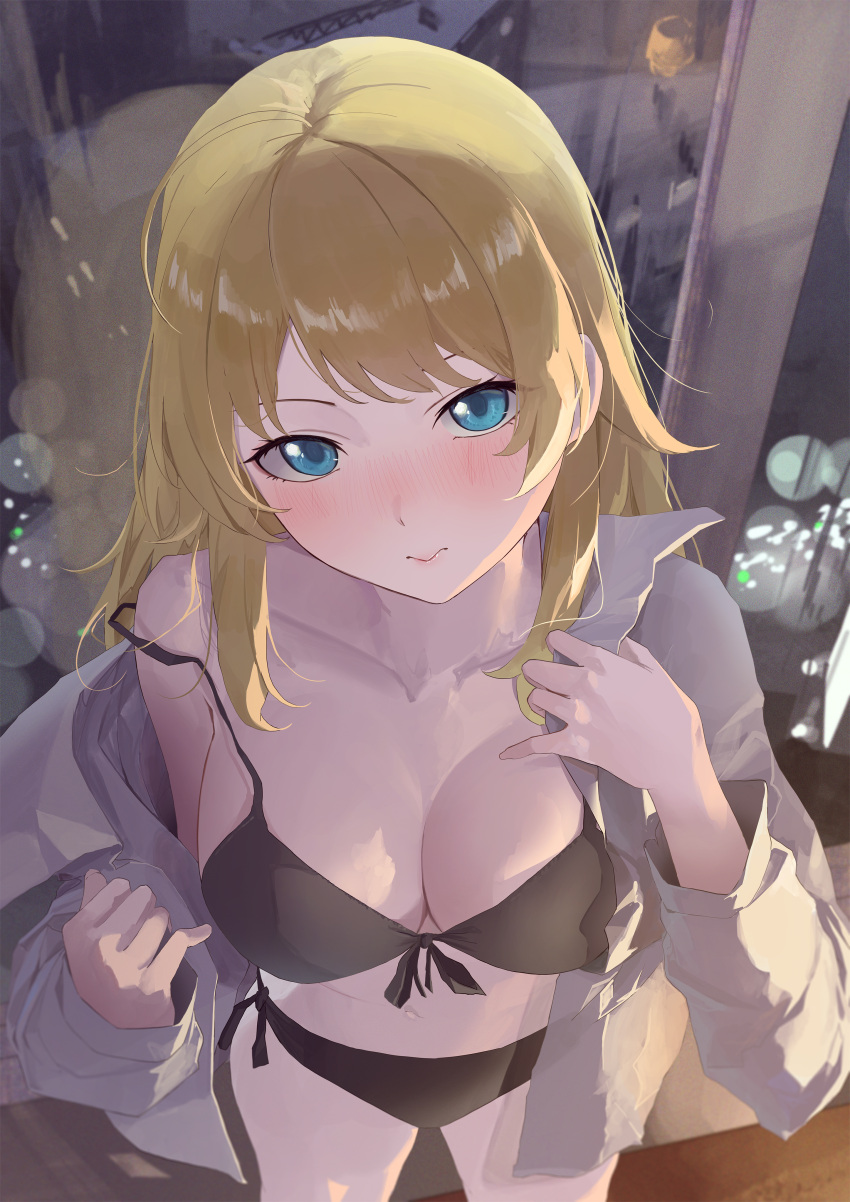 1girl absurdres aqua_eyes bikini black_bikini blonde_hair blush breasts cleavage collarbone front-tie_bikini_top front-tie_top hachimiya_meguru head_tilt highres idolmaster idolmaster_shiny_colors indoors large_breasts looking_at_viewer nofakeuk nose_blush reflection shirt side-tie_bikini_bottom solo swimsuit undressing white_shirt