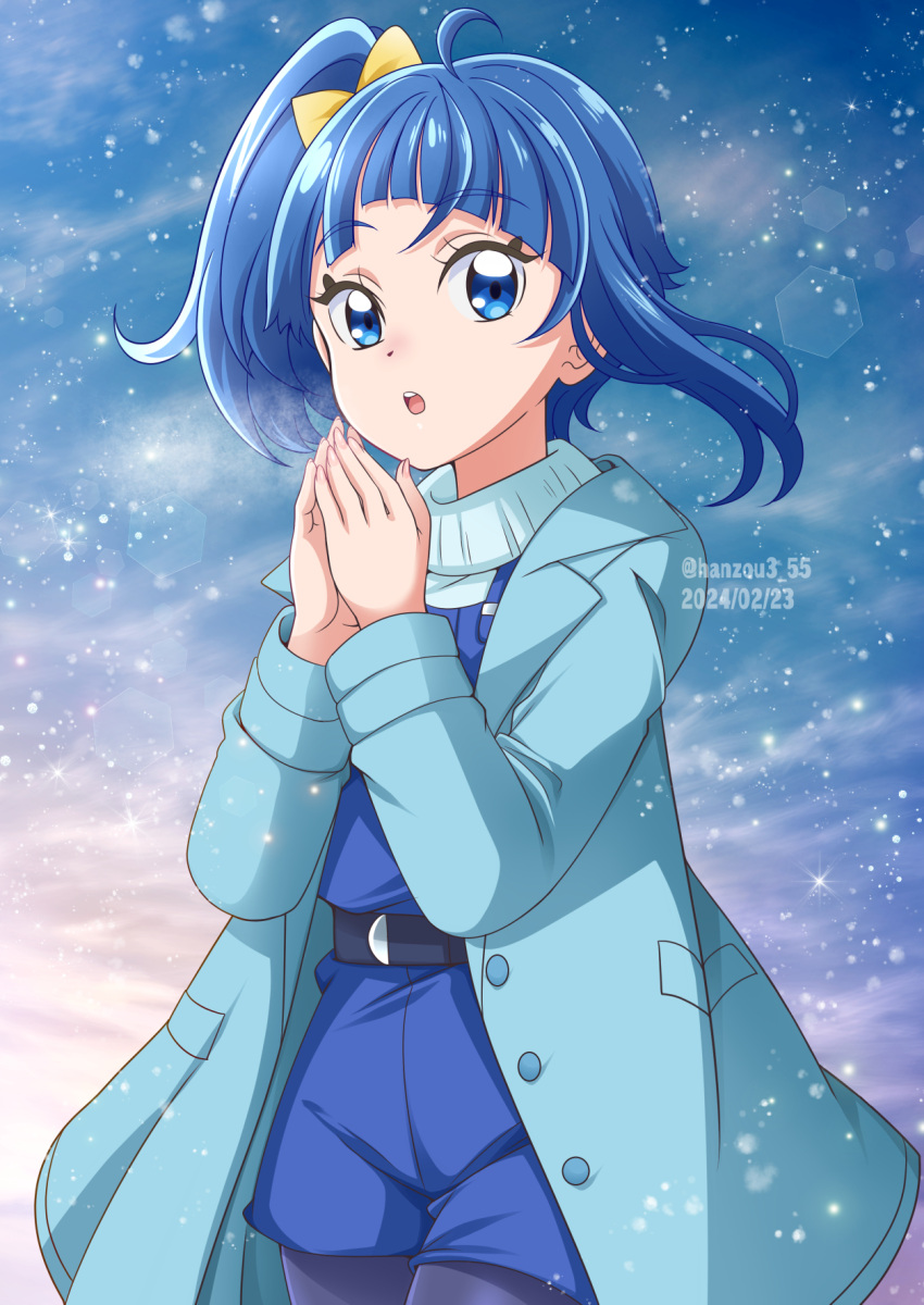 1girl blue_coat blue_eyes blue_hair blue_overalls blue_pantyhose blue_sweater bow coat commentary cowboy_shot cut_bangs dated hair_bow hanzou highres hirogaru_sky!_precure lens_flare long_sleeves looking_at_viewer medium_hair night open_clothes open_coat open_mouth outdoors overall_shorts overalls own_hands_together pantyhose precure side_ponytail single_sidelock snowing solo sora_harewataru standing sweater twitter_username yellow_bow