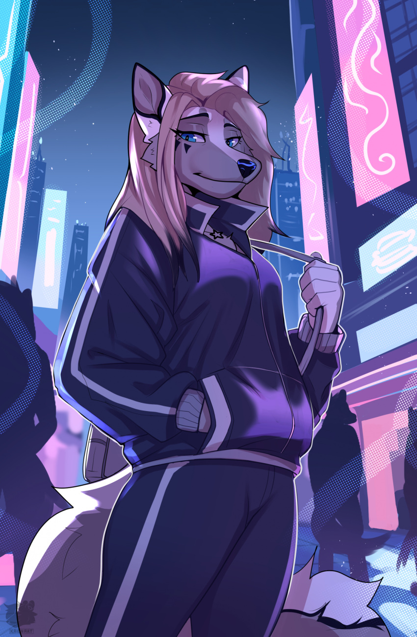 anthro black_nose blonde_hair blue_eyes canid canine canis city city_background clothed clothing female fully_clothed fur grey_body grey_fur hair hi_res kaionart long_hair mammal solo wolf