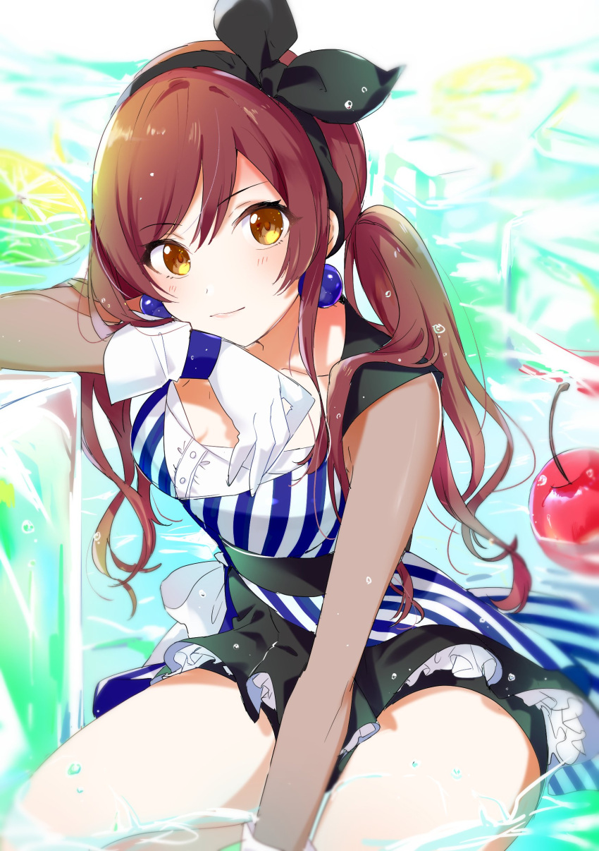 1girl absurdres alternate_hairstyle arm_between_legs arm_support ball_earrings bike_shorts_under_skirt black_hairband black_skirt blurry blush bow breasts brown_hair cherry cleavage closed_mouth collarbone commentary depth_of_field dot_nose dress food fruit gloves hairband highres ice ice_cube idolmaster idolmaster_shiny_colors lemon long_hair long_sleeves looking_at_viewer low_twintails medium_breasts osaki_amana pipi_o_(pipioo08) shirt sitting skirt solo striped_clothes striped_dress swept_bangs twintails two-tone_dress waist_bow wet white_bow white_gloves white_shirt yellow_eyes